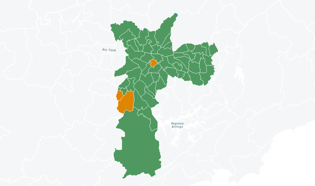 Mapa de votação elaborado pelo Portal G1 mostra resultado por zona eleitoral. Em verde, os bairros em que Ricardo Nunes teve maioria dos votos (reprodução)