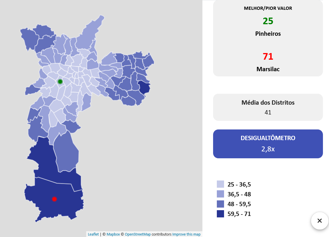 Tempo de deslocamento nos distritos de São Paulo (reprodução MDSP)